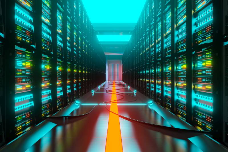 Data center with server racks in a corridor room. 3D render of digital data and cloud technology